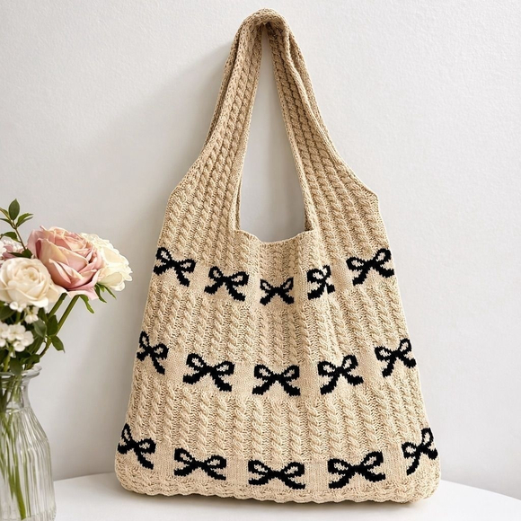 Zenana Handbags - Zenana Coquette Bow Knit Tote Bag Crochet Ribbon Shoulder Bag